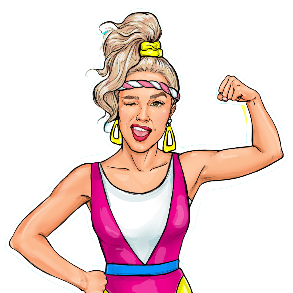Illustration of woman winking and flexing her arm muscles.