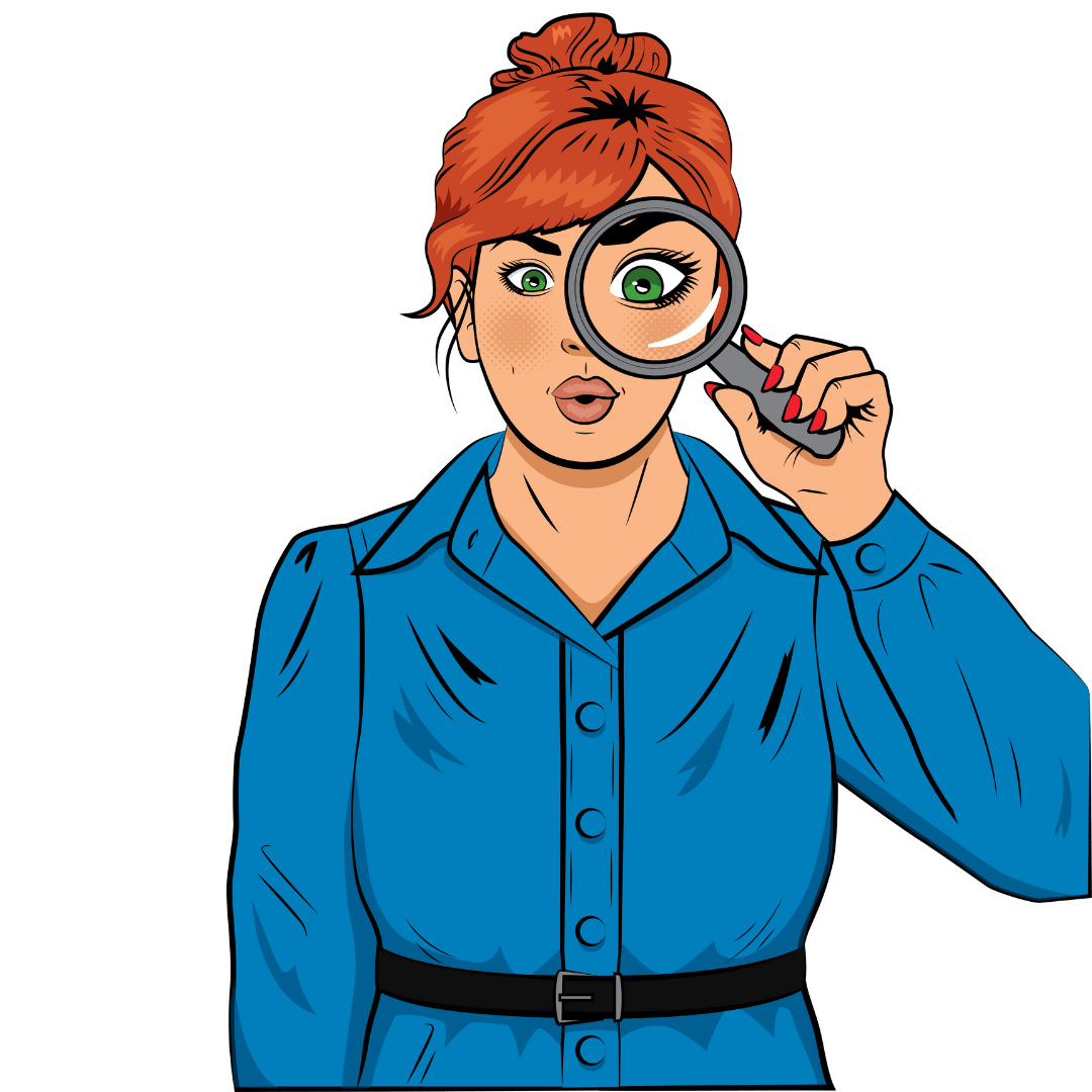 An illustration of a woman with red hair and a blue shirt holds a magnifying glass to her eye