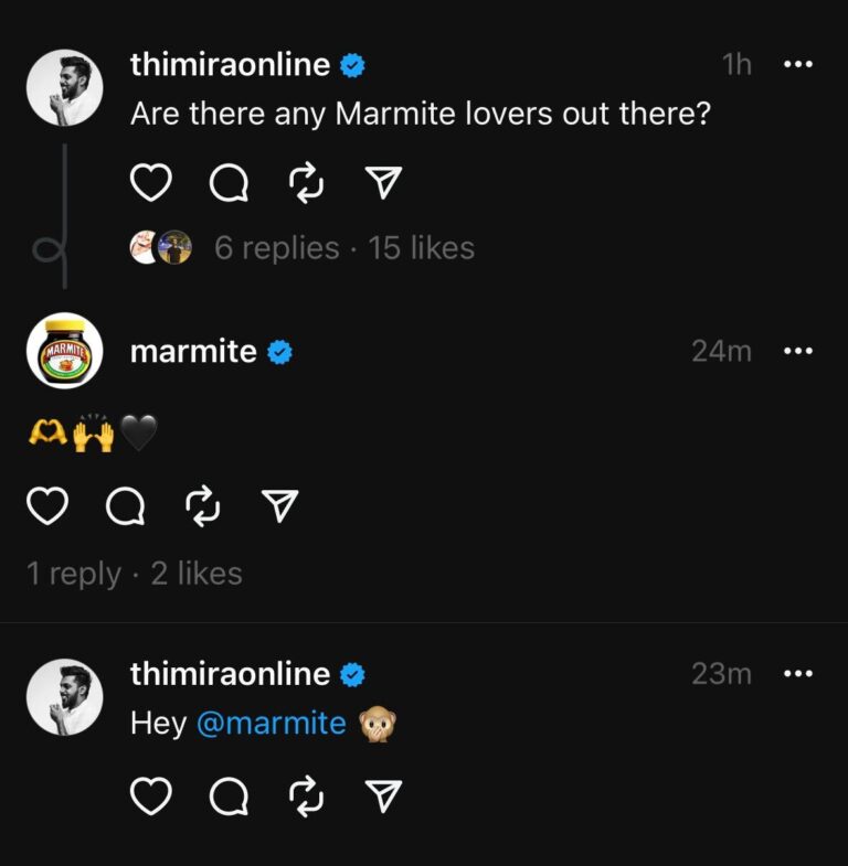 Marmite the brand replies to someone asking whether there are any marmite lovers out there on threads