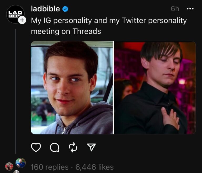 Ladbible meme on Threads - Tobey Maguire in two different films with the caption 'My IG personality and my Twitter personality meeting on threads.'