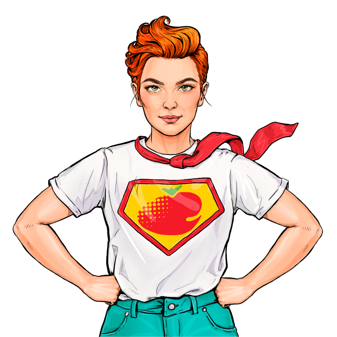 Woman with short red hair stands in strong pose with hands on hips. She wears a white tshirt with the StrawberrySocial logo on it